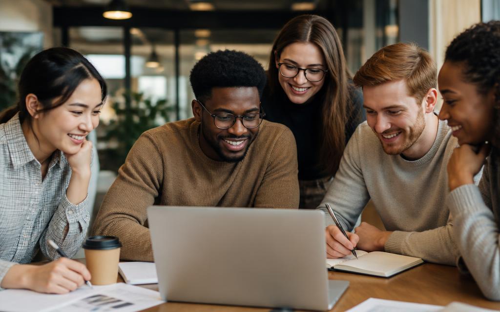 Diverse group of graduates and early-career professionals collaborating around a laptop in a modern workspace