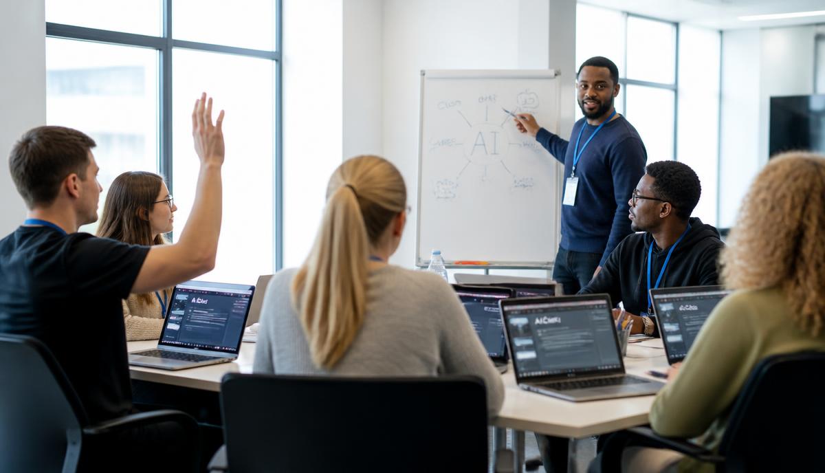 Facilitator explaining AI concepts at a whiteboard while graduates use AI chat tools on laptops