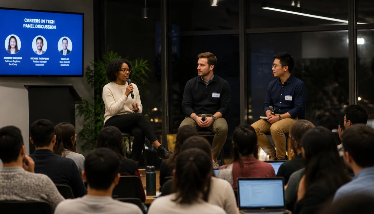 Three professionals on a careers-in-tech panel answering questions from an audience of graduates