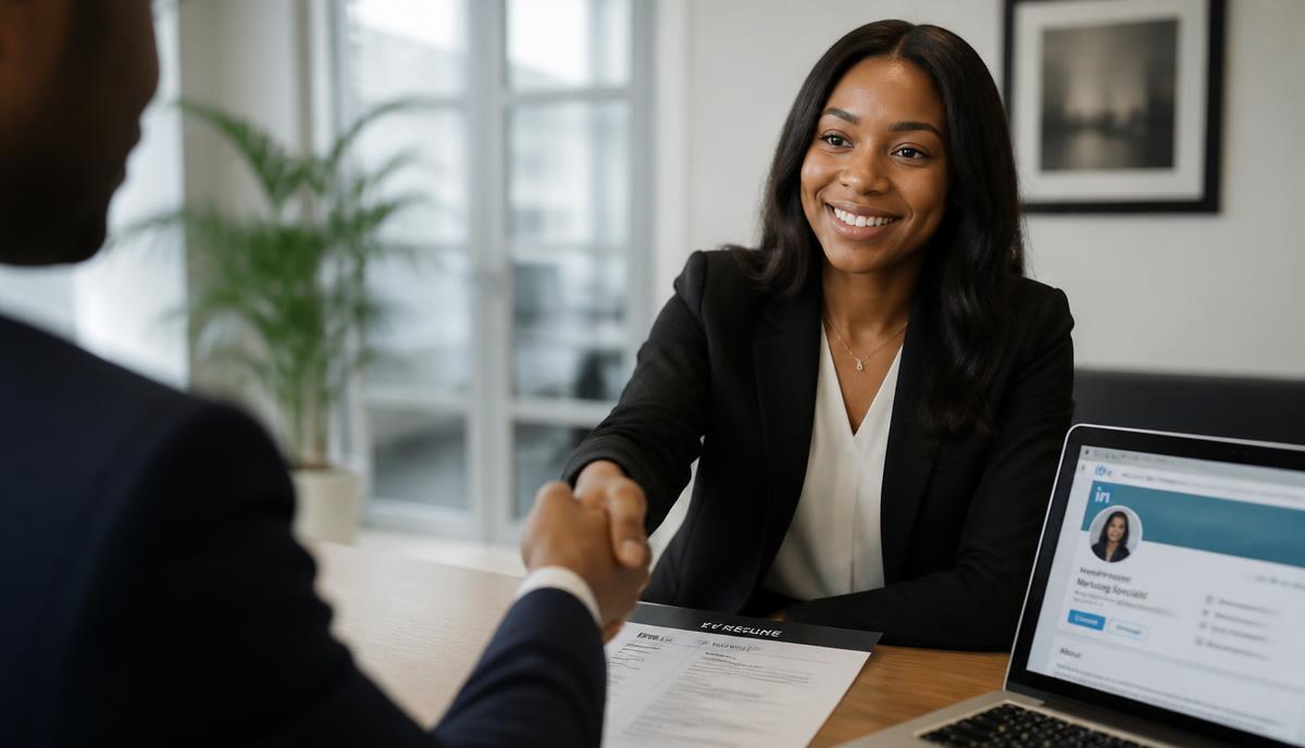 A graduate shaking hands with an interviewer, her CV and LinkedIn profile on the desk