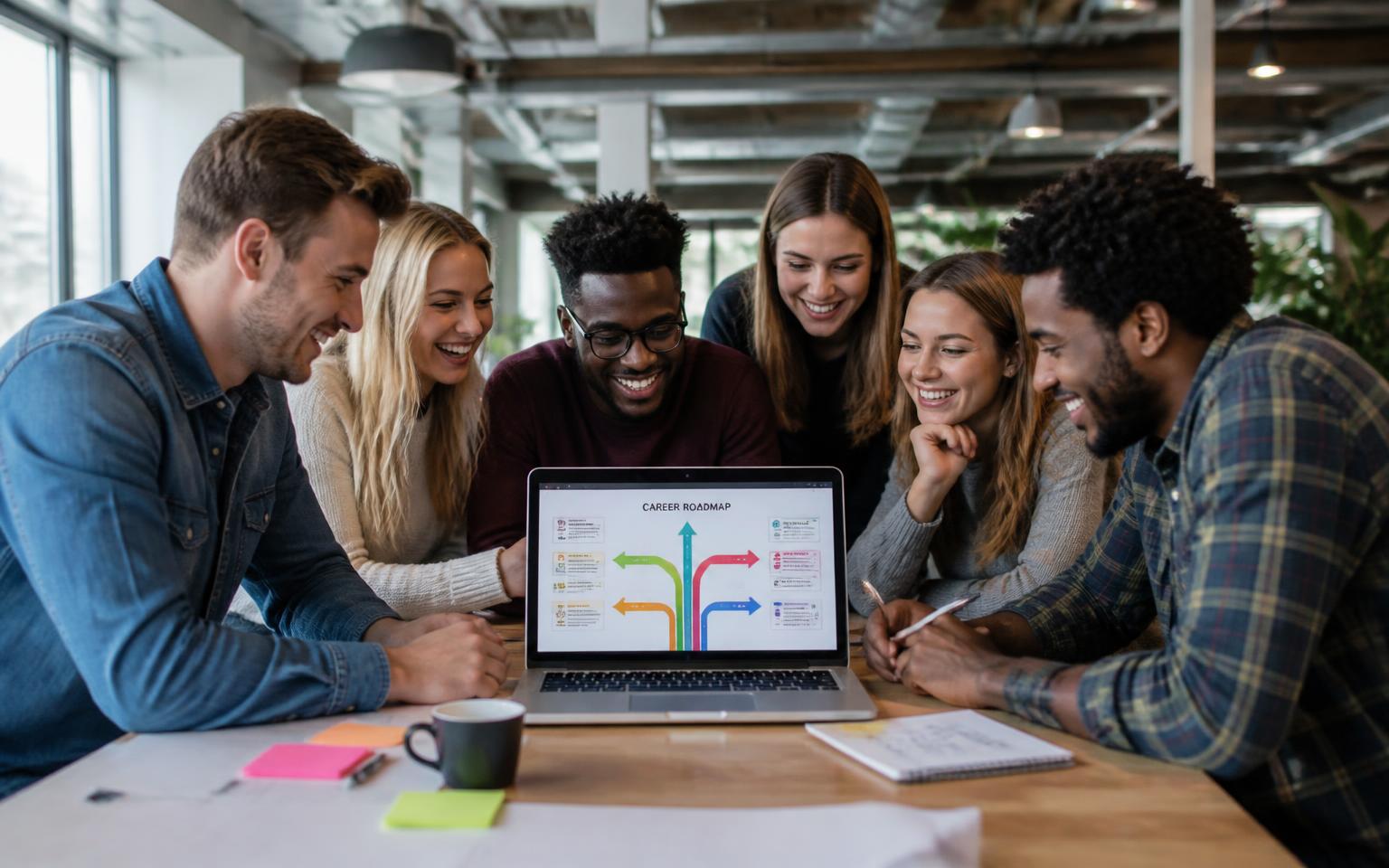 Young professionals exploring a career roadmap on a laptop