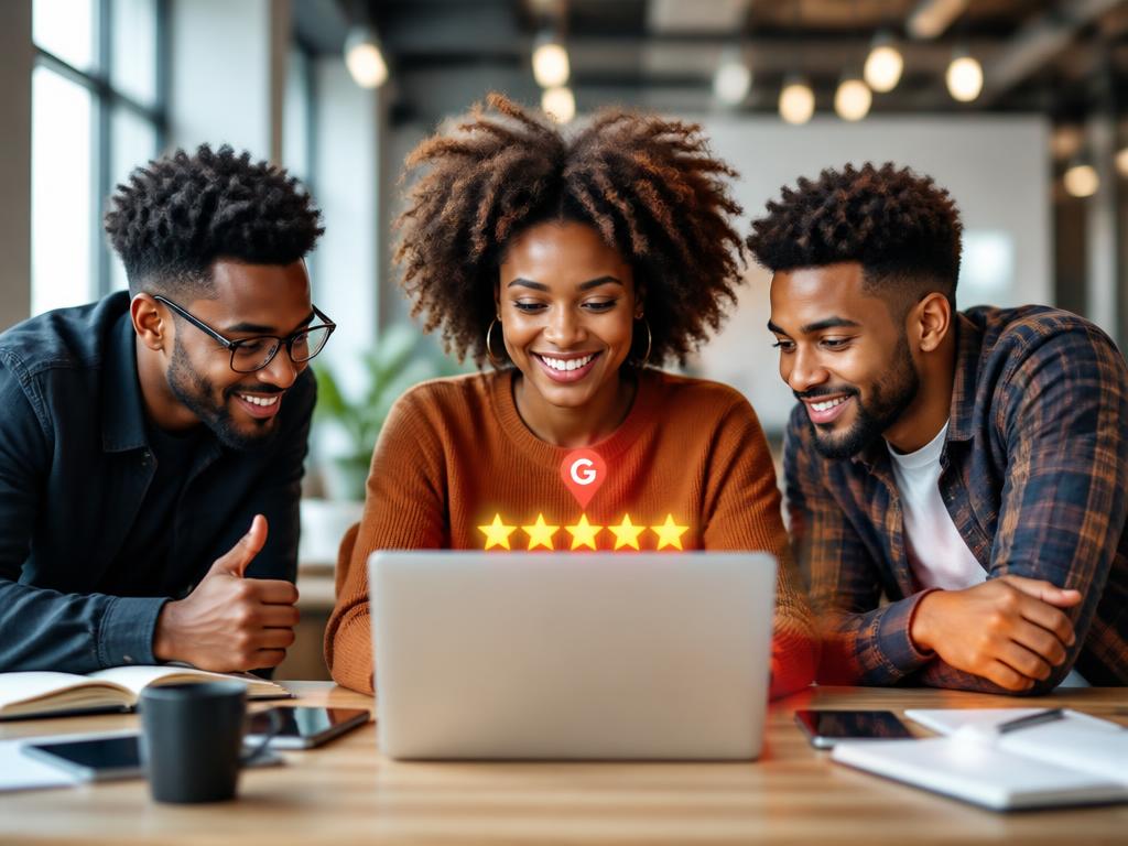 Group of young people with a Google 5-star review prompt