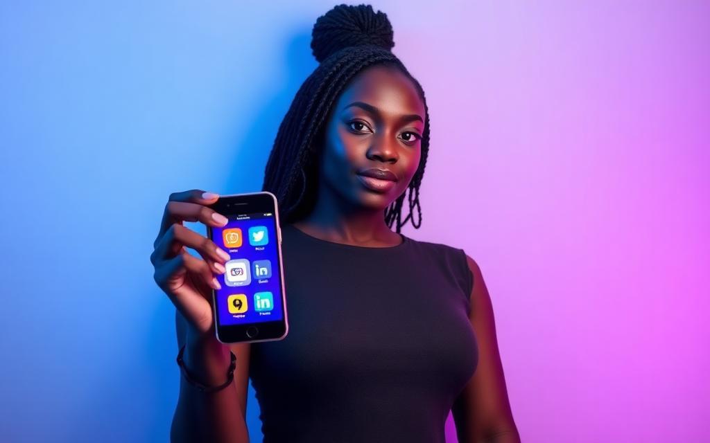 Young woman holding a phone displaying social media app icons