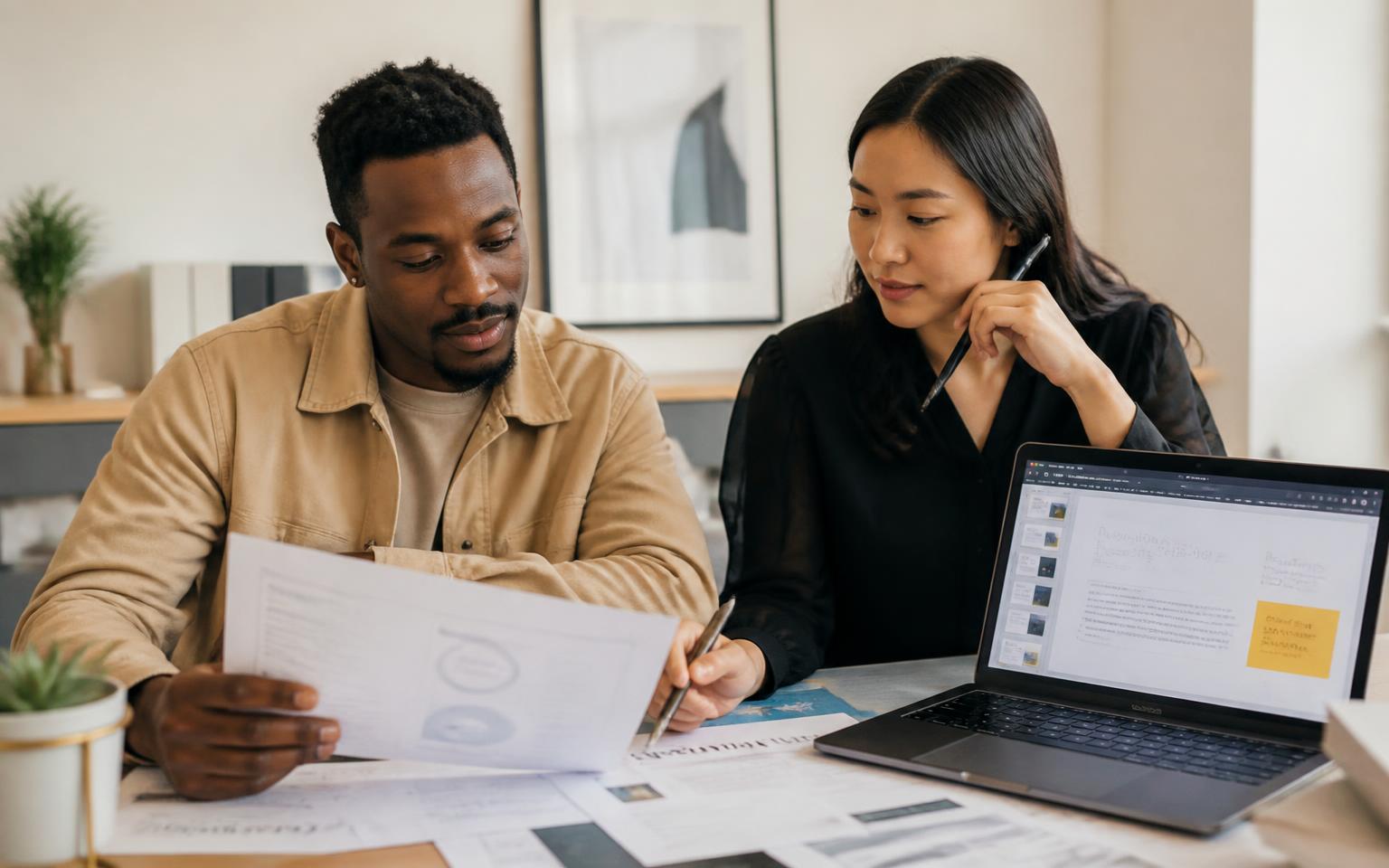 Two young professionals reviewing printed workbooks and slides at a desk