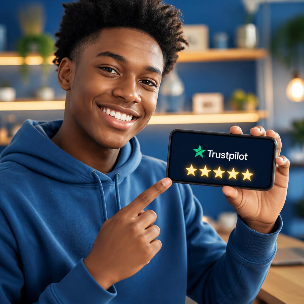 Young person leaving a 5-star Trustpilot review on a phone